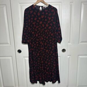 Loft Black Red Floral Tiered Maxi Dress XS Prairie Cottagecore Bohemian Boho